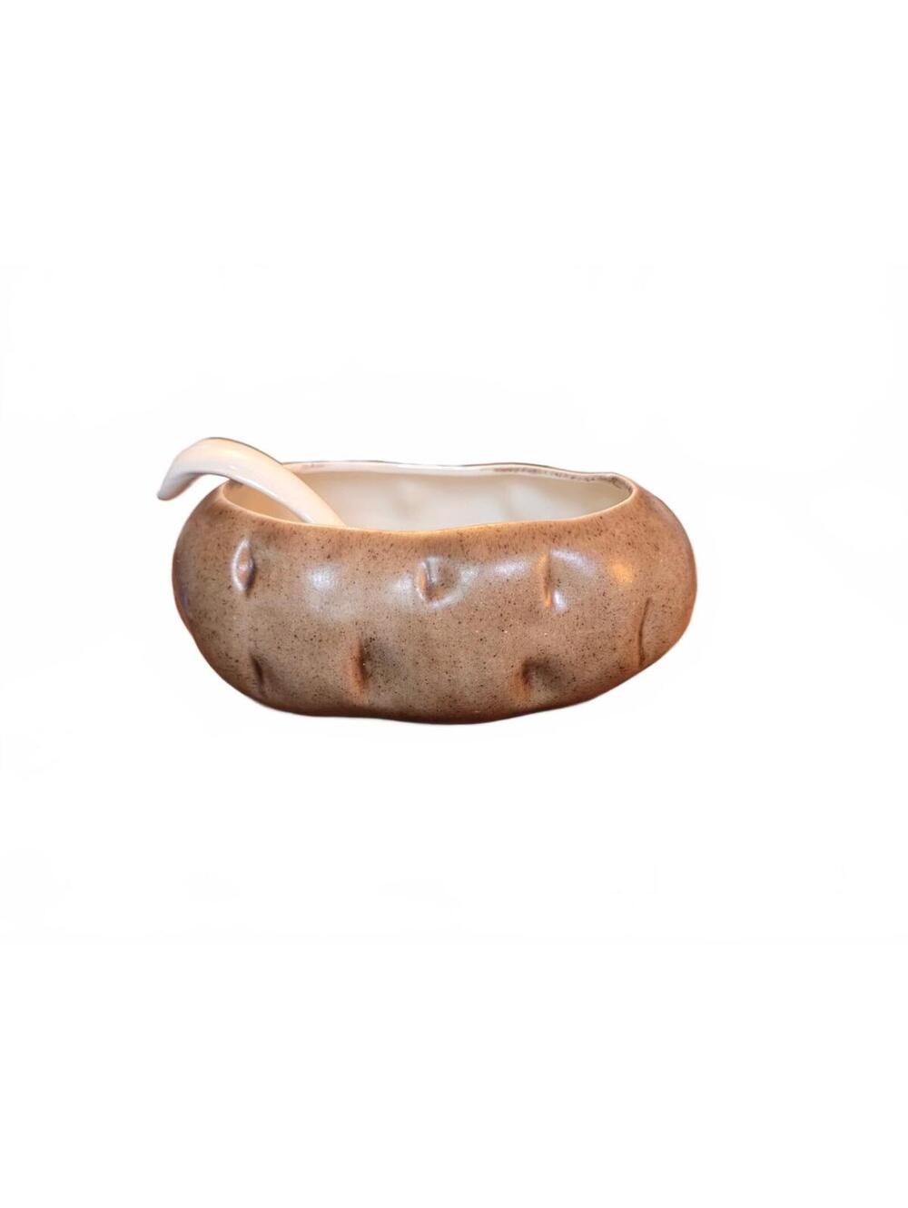 Vintage 1974 Handmade Ceramic Baked Potato Condiment Server Bowl with Spoon